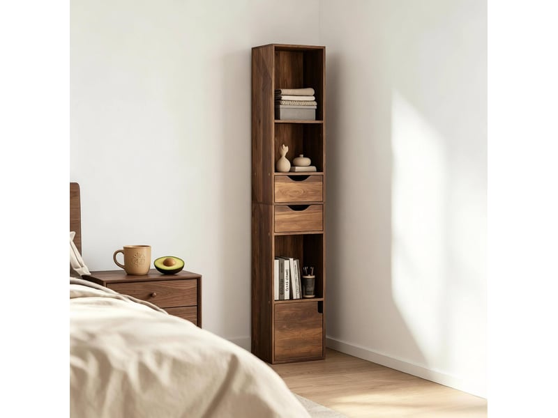  Bibliothèque étroite 30x24x157,5 cm marron en bois d'ingénierie, 3 étagères, 2 tiroirs, 1 porte  - Conforama D
