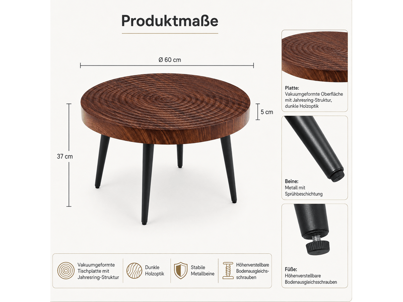  Table basse 60x60x37 cm, plateau de 5 cm, rangement salon, usage polyvalent, pour salon, en mdf et métal, noyer foncé  - Conforama C