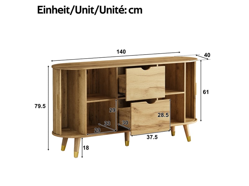  Buffet de rangement 140 cm avec 2 portes coulissantes, 2 tiroirs et étagères réglables evryae  - Conforama E