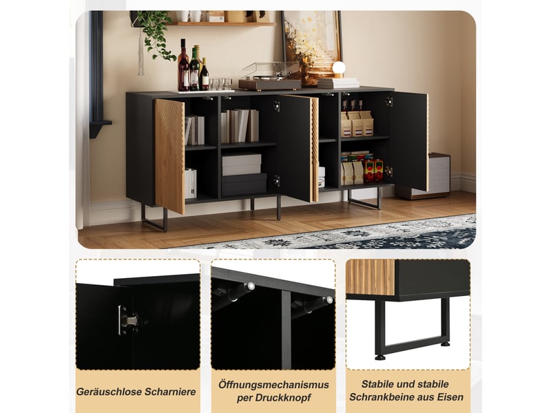 Buffet de salon moderne - dimensions 160x40x75 cm - 4 portes avec design rayé - 8 compartiments de rangement naturel - Conforama R