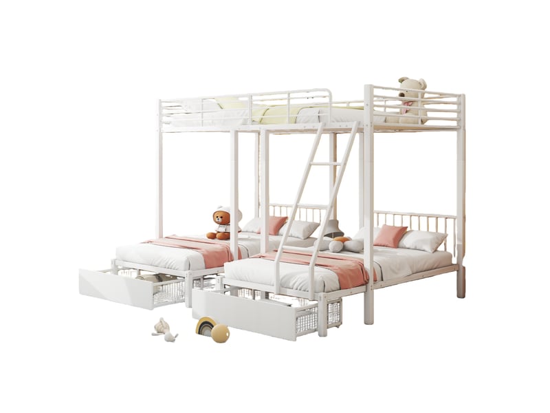  Lit superposé 90x200 cm et 140x200 cm avec rangement intégré et barrière de sécurité - cadre métallique robuste - blanc  - Conforama A