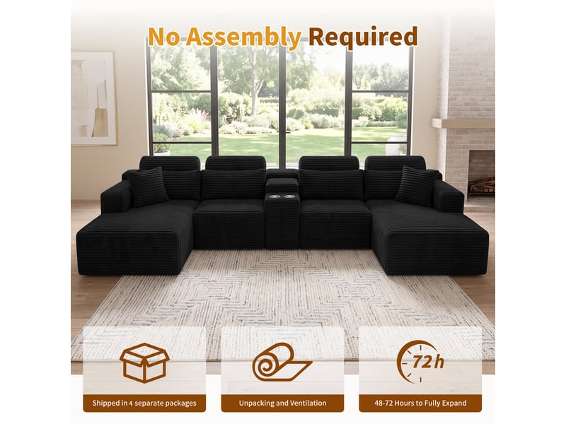  Canapé panoramique modulable compressé 6 places 372x151x80 cm, forme u, 2 porte-gobelets, sans structure, velours côtelé noir  - Conforama D