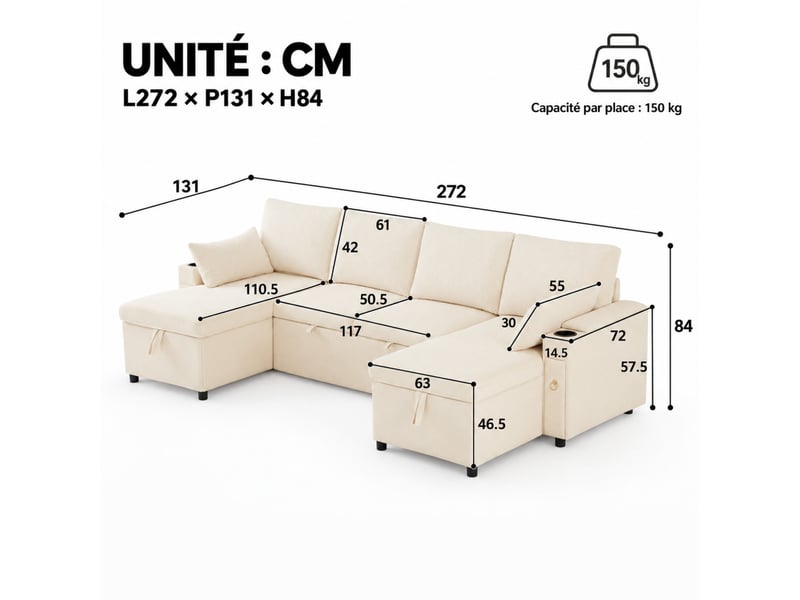 Canapé d’angle en u convertible 4 places 272 x 131 x 84 cm, rangements, porte-gobelets, 2 coussins, chenille, beige - Conforama C