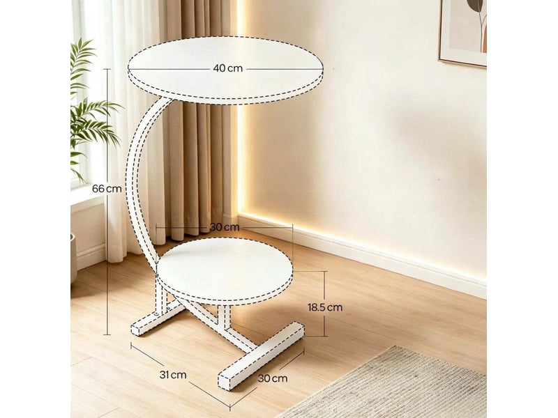  Table d'appoint ronde à 2 plateaux 4030 cm, hauteur 66 cm, en mdf et métal, style industriel près du canapé  - Conforama C