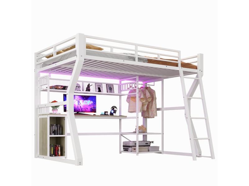 Lit mezzanine 140 × 200 cm 2 places avec led réglable, prise, bureau et rangement, sans matelas, métal blanc - Conforama A
