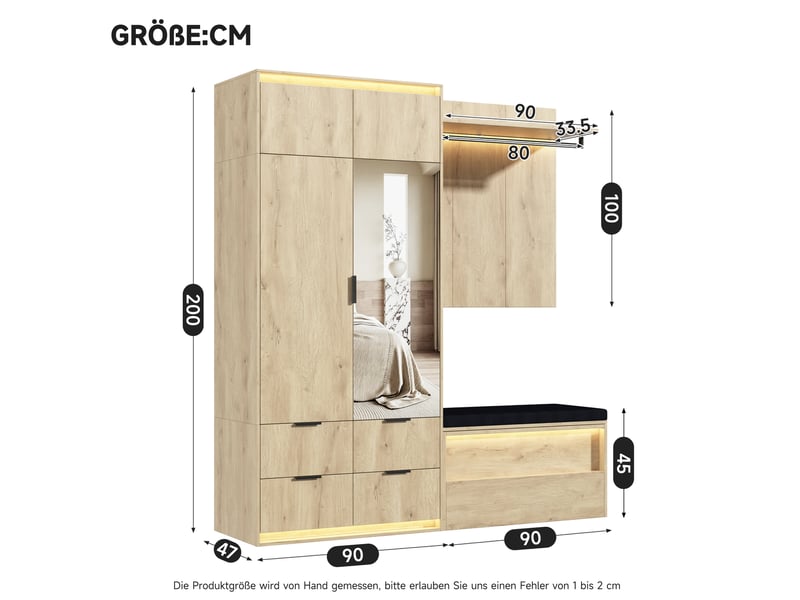  Vestiaire d'entrée modenvie avec armoire, miroir, banc rembourré et led 180 x 47 x 200 cm finition chêne clair anthracite  - Conforama C