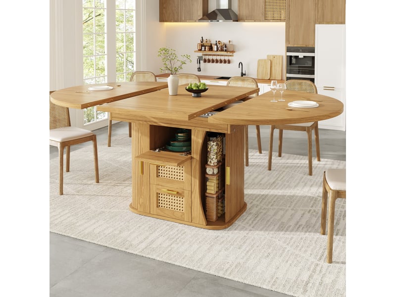  Table à manger extensible 118-158 cm avec tiroirs effet rotin, coloris naturel  - Conforama B