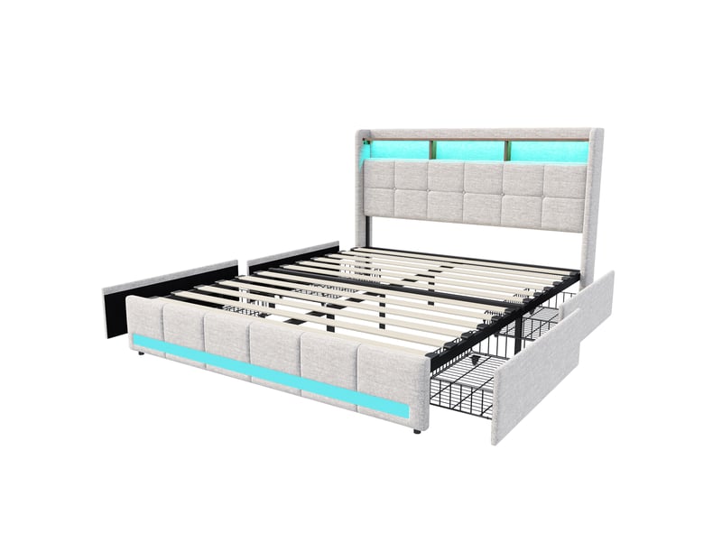  Lit double 140x200 avec led et tiroir, lit 2 personnes avec led et usb cadre de lit rembourré avec 4 tiroirs de rangement et tête de lit capitonnée pour adultes et adolescents lin beige, sans matelas  - Conforama W