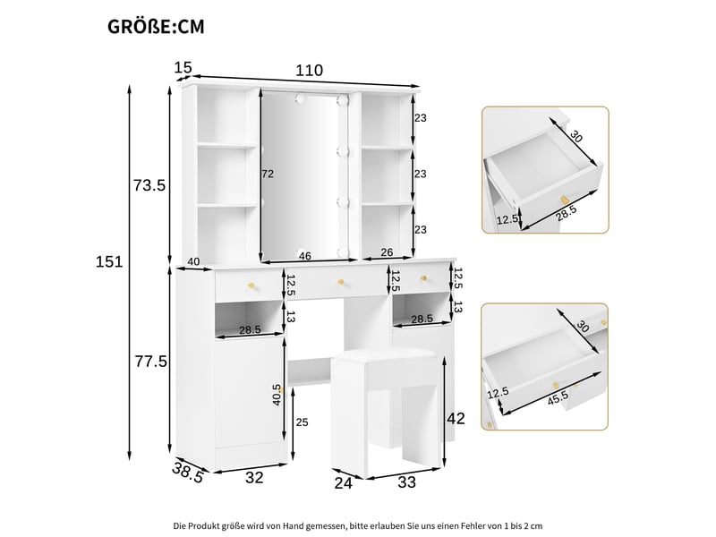  Coiffeuse hollywood avec miroir 46x72 cm et led réglable, rangement, 110x40x151 cm, panneau de particules, blanc  - Conforama C