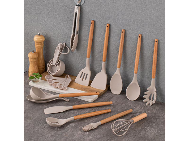  Set de 12 ustensiles de cuisine en silicone et bois kaki avec support chicfurn  - Conforama D