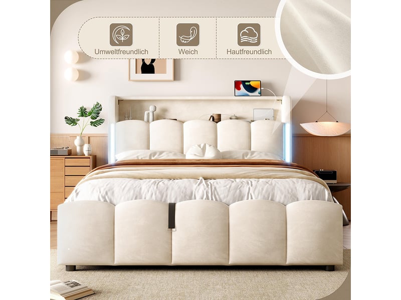 Lit coffre rembourré rangement 140x200 cm sans matelas led tête compartiment hydraulique usb type-c velours beige  - Conforama E