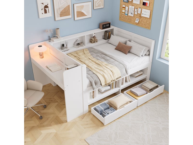 Lit avec rangement 120 × 200 cm, bureau latéral, 2 tiroirs, armoire et niches ouvertes, structure en pin et mdf, blanc - Conforama D