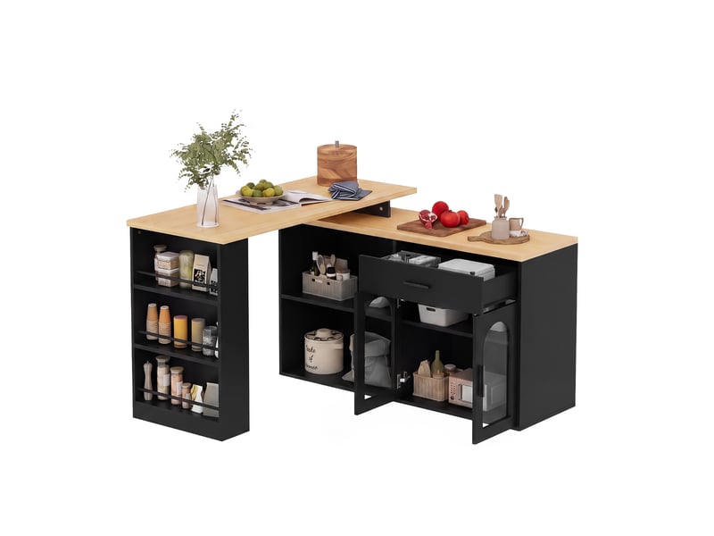  Îlot de cuisine avec plateau rotatif à 360°, table de bar noire avec tiroir et étagères (sans matelas).  - Conforama A