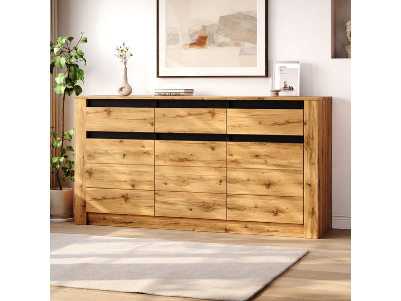  Buffet salon bois naturel 140 cm 3 portes 3 tiroirs  - Conforama R