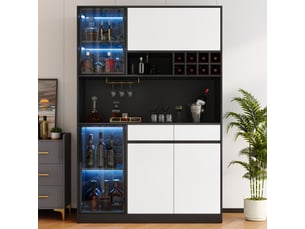 Vaisselier haut avec vitrine, led et casier à bouteilles - rangement en mdf noir et blanc 120 × 35 × 180 cm