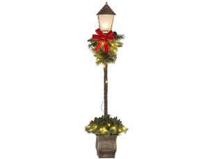 Lanterne de noël avec baies, pommes de pin et nœud, lumières led, tige en métal, 150 cm