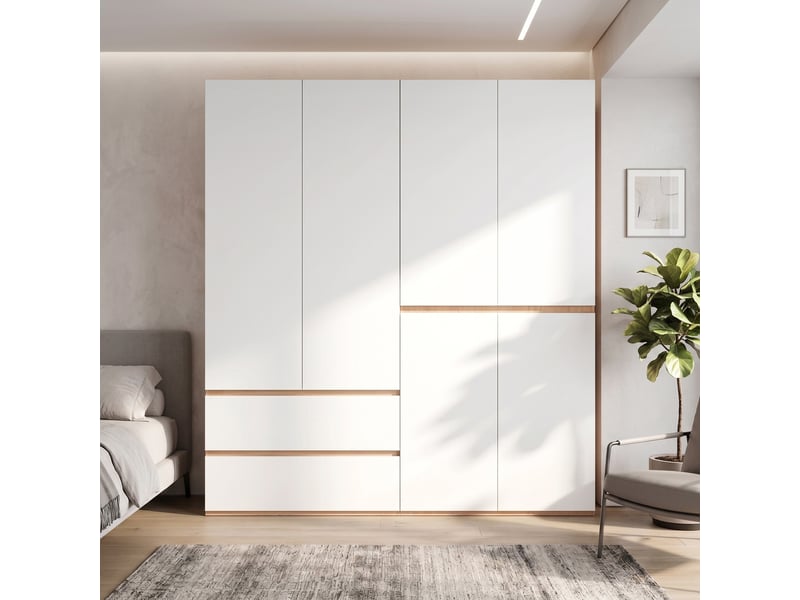  Armoire de chambre 180 x 50 x 200 cm, 6 portes 2 tringles et 5 tiroirs, pour chambre et entrée, style classique, blanc  - Conforama B