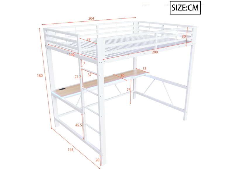  Lit mezzanine 2 places 140×200 cm avec bureau, led et usb  - sans matelas métal et mdf - blanc  - Conforama D