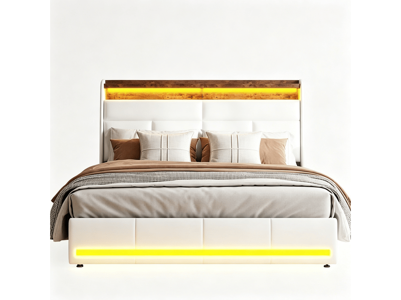  Lit 140x190 cm, tt01, led réglable, hydraulique, contemporain, lit adulte, cadre de lit double 140x190 cm, tissu pu, blanc  - Conforama A