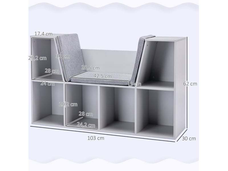  Bibliothèque enfant avec banc de rangement 103 x 30 x 62 cm – gris – 6 compartiments avec 3 coussins  - Conforama B