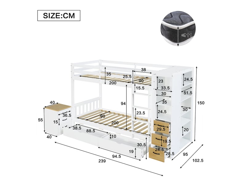  Lit superposé 90 × 200 cm 2 places avec 2 tiroirs, étagères et commode, sans matelas, en bois, blanc et naturel  - Conforama D