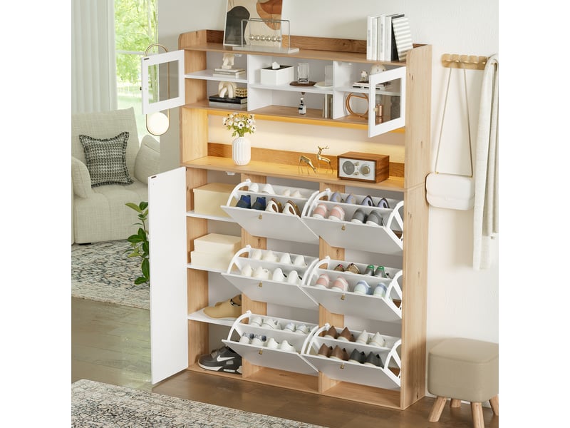  Meuble à chaussures, avec 6 compartiments basculants, 1 porte et éclairage led, pour entrée, blanc naturel, 130×25×85 cm  - Conforama B