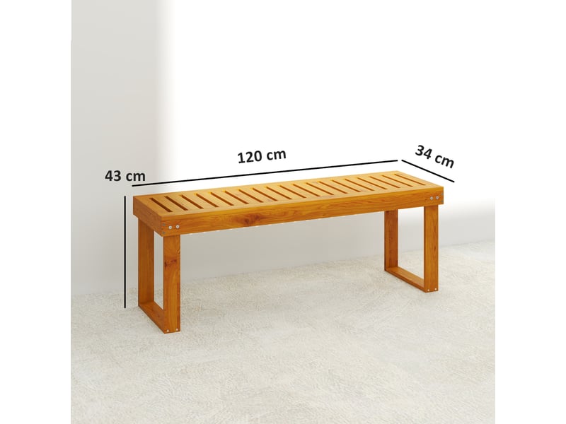 Banc de jardin en bois 2 places avec assise à lattes, capacité de charge 300 kg, pour usage extérieur, 120 x 34 x 43 cm, teck - Conforama E