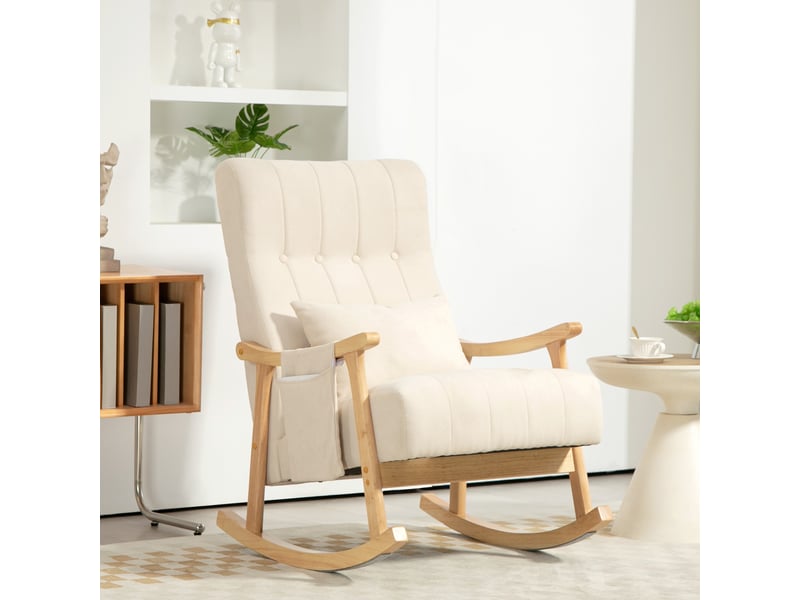  Fauteuil à bascule, rocking chair en tissu efft lin, coussin lombaire, pieds en bois d'hévéa, assise rembourrée, beige  - Conforama A