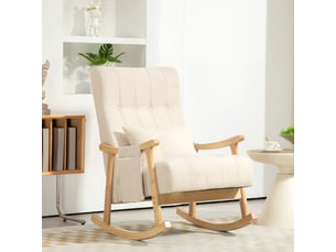 Fauteuil à bascule, rocking chair en tissu efft lin, coussin lombaire, pieds en bois d'hévéa, assise rembourrée, beige