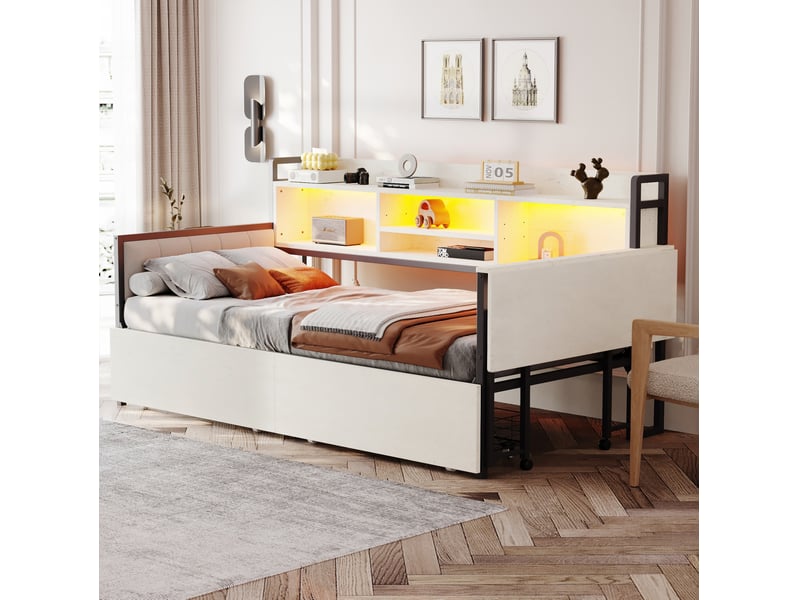  Lit enfant 90 x 200 cm tiroirs rangement led bandeau prise intégrée bureau escamotable dossier métal blanc sans matelas  - Conforama E
