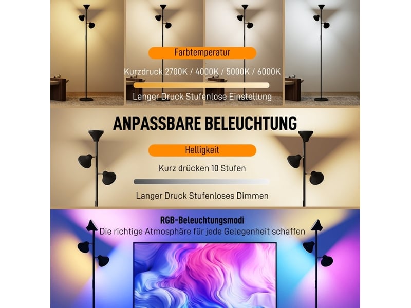 Lampadaire à 3 têtes orientables 25 x 25 x 170 cm – noir – rgb, variateur tactile et télécommande rf - Conforama E