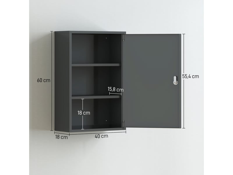  Armoire à pharmacie murale, meuble de salle de bain avec 3 étagères, 2 clés, 40 x 18 x 60 cm, grise  - Conforama E