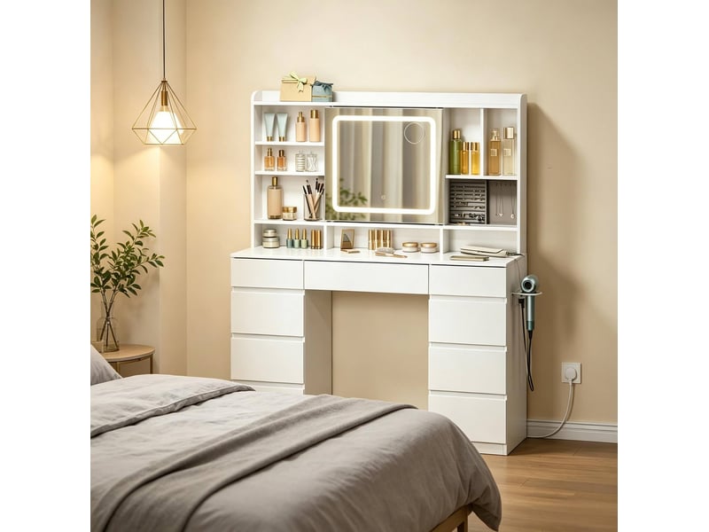  Coiffeuse 110x40x140 cm avec miroir coulissant, led et prises intégrées blanc  - Conforama E