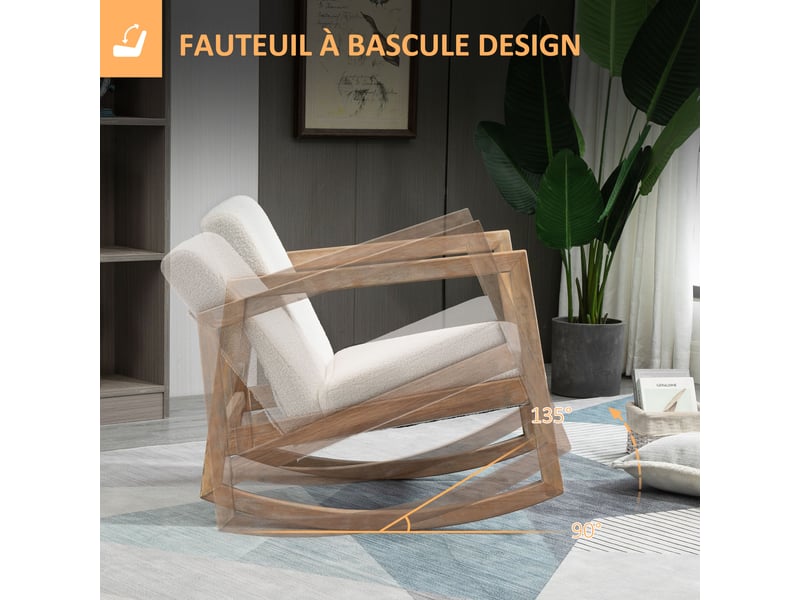  Fauteuil à bascule en tissu bouclé et bois d'hévéa 60 x 76 x 77 cm  - Conforama D