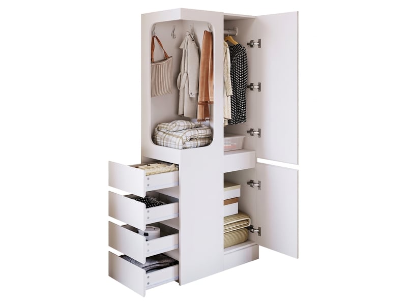  Armoire blanche 1 porte 70x40x170 cm avec tiroirs et penderie ouverte en bois, meuble de rangement  - Conforama A