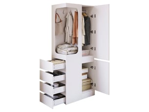 Armoire blanche 1 porte 70x40x170 cm avec tiroirs et penderie ouverte en bois, meuble de rangement