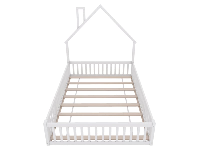  Lit enfant maison 140 x 190 cm design moderne barrières sécurité sommier à lattes robuste pin mdf blanc sans matelas  - Conforama E