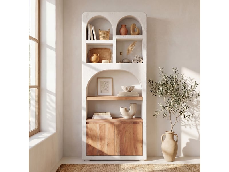 Bibliothèque en plâtre blanc cassé et bois d'acacia-fira Fira - Conforama B