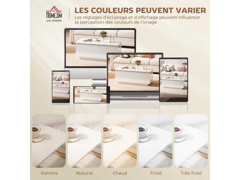  Table basse relevable, table de salon moderne, blanc laqué brillant avec rangement caché et tiroirs, 102x48 cm  - Conforama E