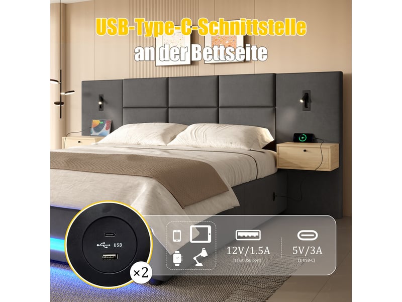 Lit rembourré 160x200, avec tête velours, tiroirs, led, usb-c, coffre hydraulique, structure métallique, gris  - Conforama E