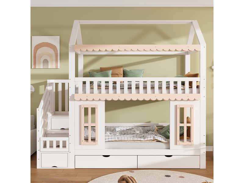  Lit superposé enfant 90x200 cm, lit cabane avec armoire latérale, échelle, 2 tiroirs, fenêtres décoratives, pin et mdf - blanc et naturel  - Conforama B