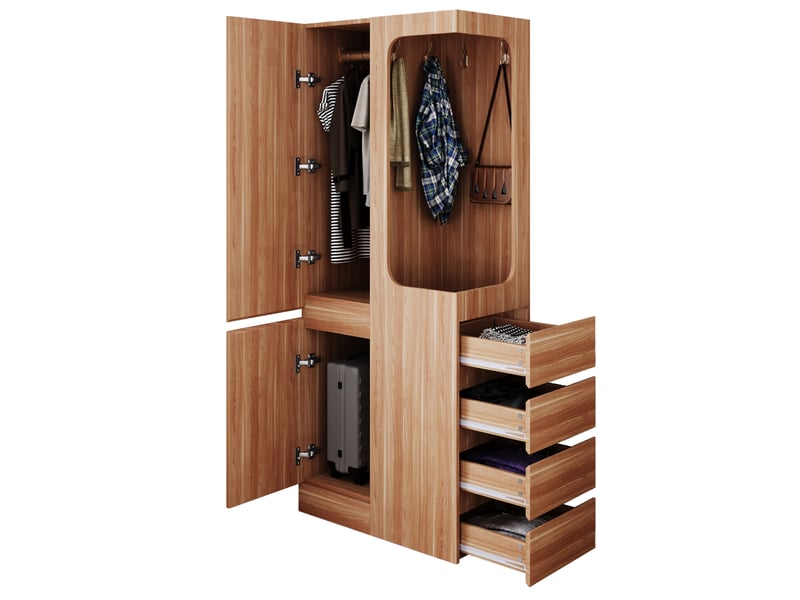  Armoire de rangement 70 x 40 x 170 cm, avec tiroirs et espaces de rangement, zone de suspension ouverte, une porte, couleur bois  - Conforama A