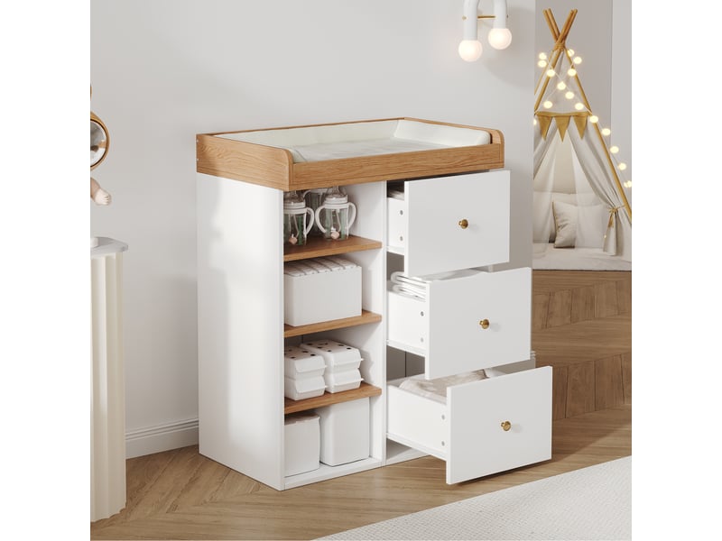  Table à langer 2 en 1 82x50x100 cm commode avec tiroirs et rangements bois et blanc  - Conforama D