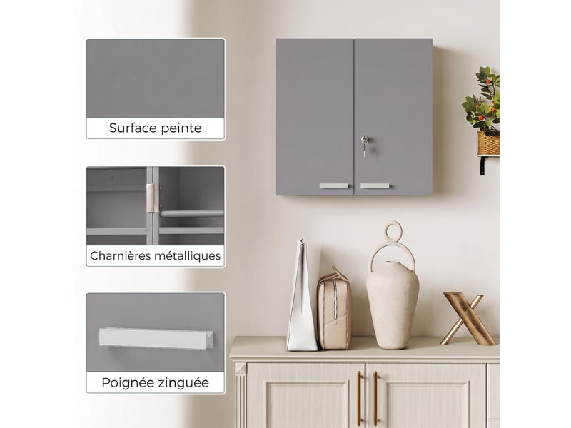 Armoire à pharmacie murale, armoire à médicaments avec double porte verrouillable 2 clés, 53x20x53cm, gris - Conforama R