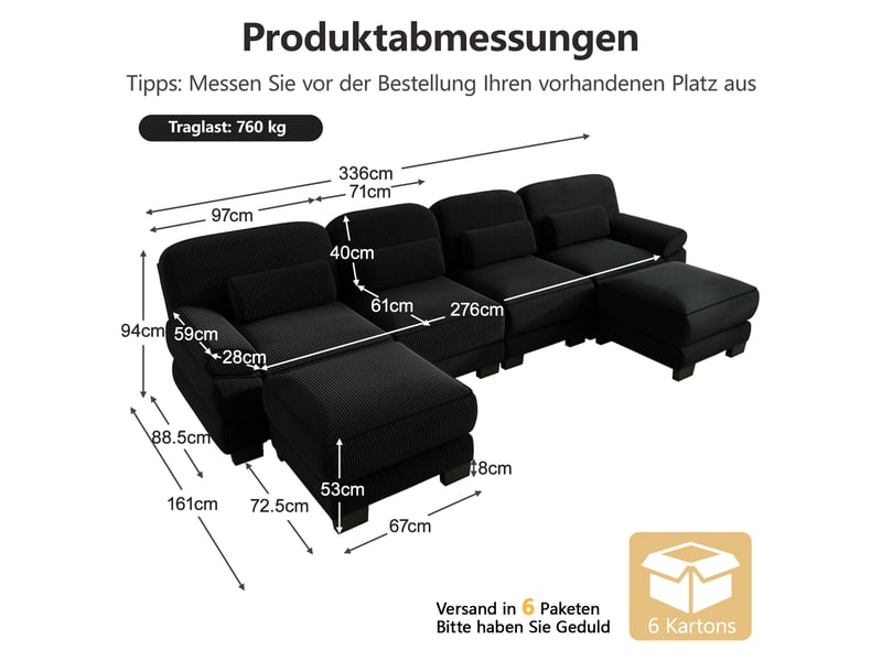 Canapé modulable en u - 4 places - 2 ottomans - velours côtelé - mobilier de salon - grand confort - assise confortable - noir CozyNest - Conforama D