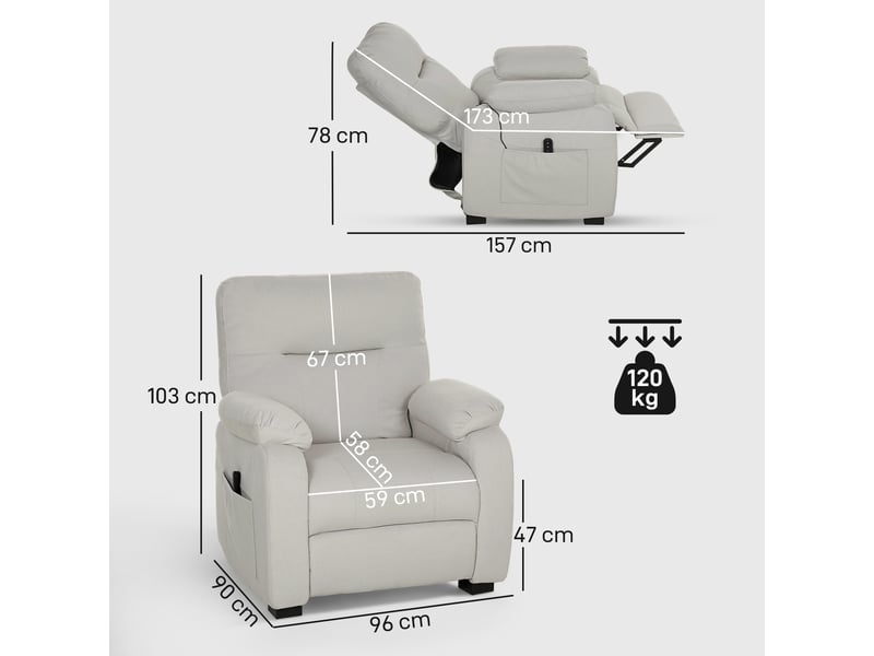  Fauteuil relax électrique fauteuil inclinable port usb repose-pieds poches latérales télécommande 96x90x103cm crème  - Conforama C