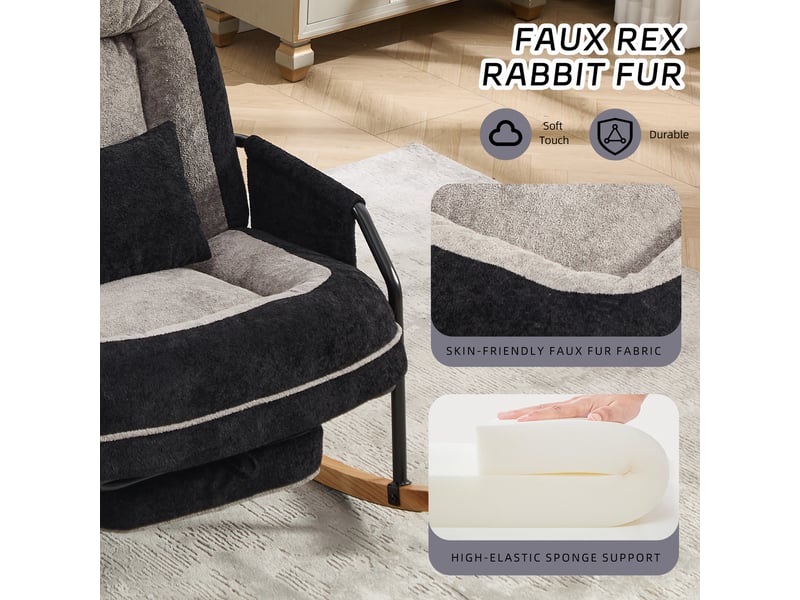  Fauteuil à bascule surdimensionné pour patio avec repos-pieds, poche latérale, coussin rembourré, dossier réglable, noir et gris  - Conforama D