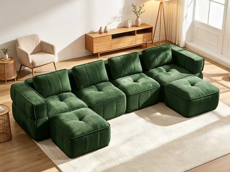 Sofa modulaire 4 places en u, 2 poufs, mousse 32d, assise profonde, tissu agréable, antidérapant, 344×162×67 cm, vert - Conforama B