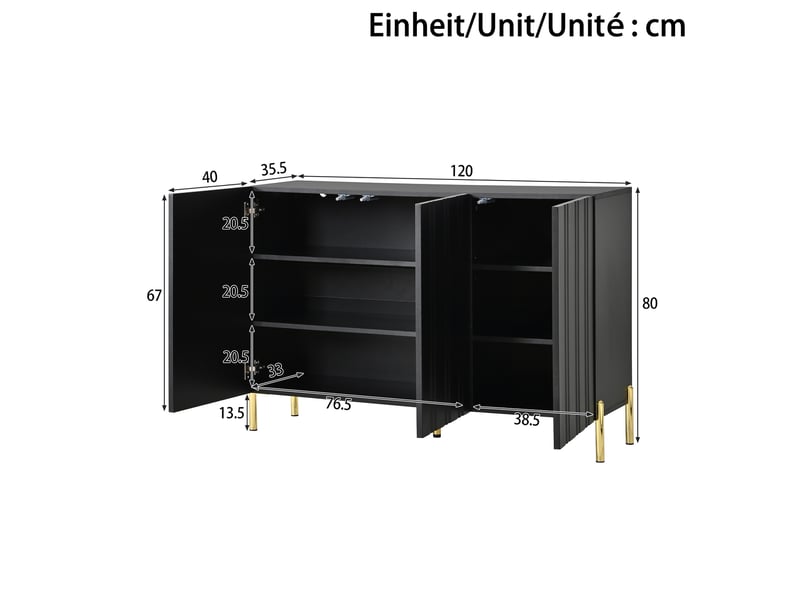  Buffet de salon - 120x35.5x80cm - 3 portes rainurées étagères réglables et pieds dorés en métal - noir  - Conforama E