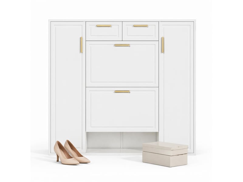  Meuble à chaussures ulevr à abattants, 120 x 24 x 107 cm, 2 tiroirs, étagères réglables, blanc  - Conforama A